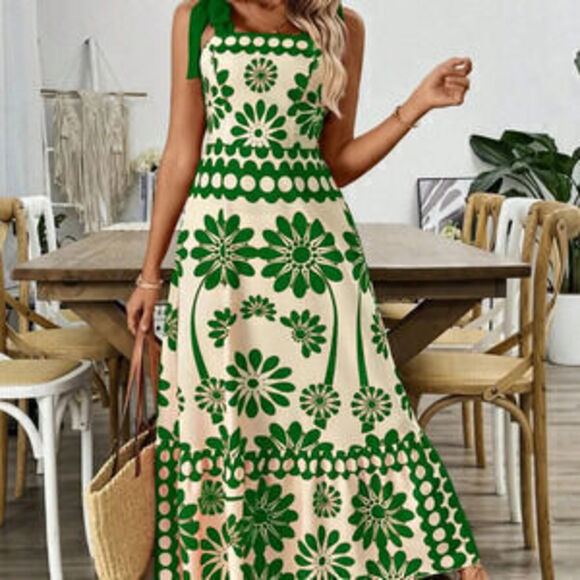 Dresses & Skirts - Green Casual Women's Print Laced Shoulder Cut-Out Waist Dress Vacation Beach